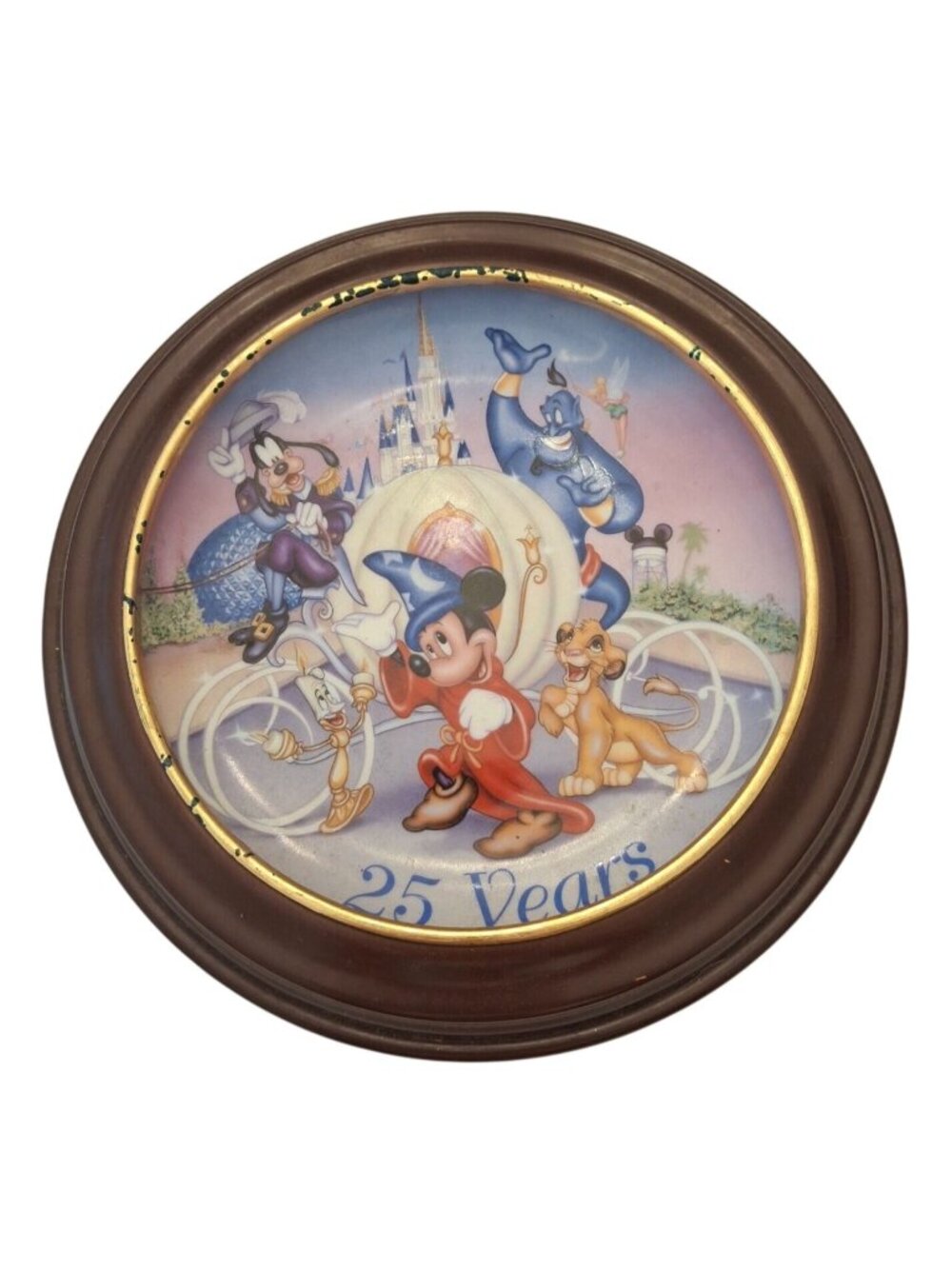 Disney World 25th Anniversary 1996 Collector Plate Mickey Genie Simba Framed